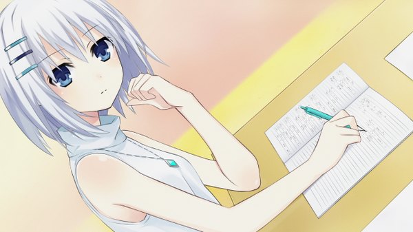 Anime picture 1280x720 with date a live tobiichi origami short hair blue eyes wide image bare shoulders game cg white hair girl hair ornament pendant bobby pin