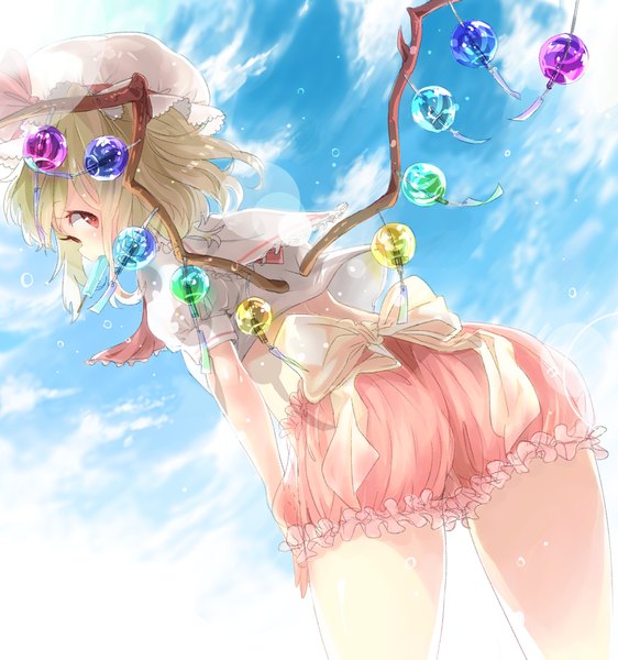 Anime picture 1050x1120 with touhou flandre scarlet shima single tall image short hair light erotic blonde hair red eyes sky cloud (clouds) ponytail looking back wet side ponytail alternate wings girl underwear wings large bow
