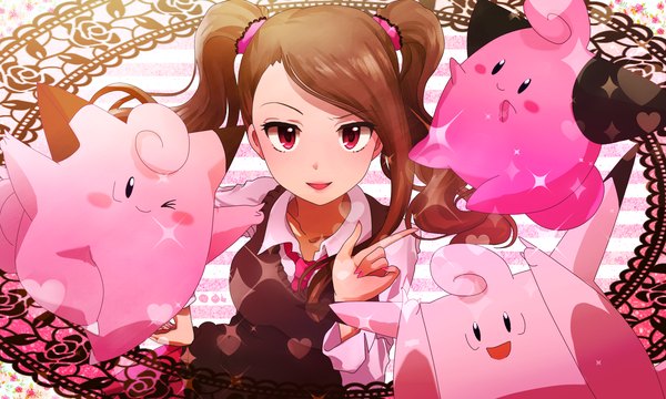 Anime picture 2000x1200 with idolmaster pokemon nintendo minase iori clefairy clefable cleffa yoshiyoshi (yuyu0805p) long hair looking at viewer blush highres open mouth smile brown hair wide image twintails one eye closed pink eyes wink