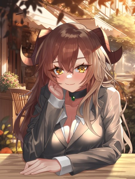 Anime picture 2000x2655 with original darkswan single long hair tall image looking at viewer blush fringe highres light erotic smile hair between eyes brown hair sitting yellow eyes outdoors long sleeves horn (horns) partially open clothes autumn