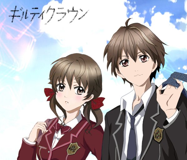 Anime picture 800x685 with guilty crown production i.g ouma shu menjou hare yukilus looking at viewer blush fringe short hair hair between eyes brown hair twintails holding brown eyes sky cloud (clouds) upper body ahoge parted lips light smile