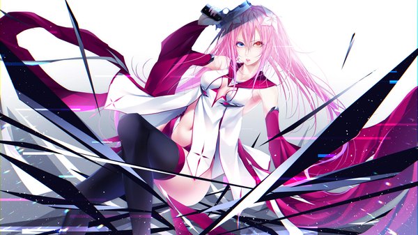 Anime picture 2089x1175 with original yoaferia single long hair looking at viewer fringe highres breasts blue eyes light erotic hair between eyes wide image white background bare shoulders holding payot pink hair bent knee (knees) nail polish parted lips