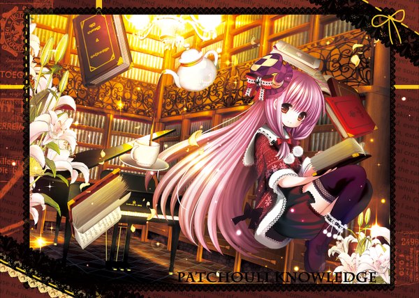 Anime picture 1470x1050 with touhou patchouli knowledge catbell long hair red eyes pink hair girl thighhighs flower (flowers) black thighhighs hat book (books) cup musical instrument mini hat mini top hat teapot piano