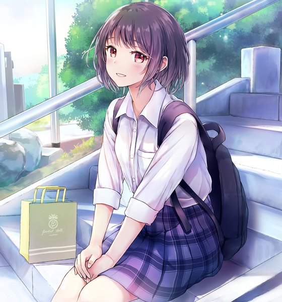 Anime picture 1400x1500 with original tokeshi single tall image looking at viewer blush short hair black hair red eyes sitting outdoors plaid skirt twisty sleeves girl skirt uniform school uniform blue skirt stairs backpack