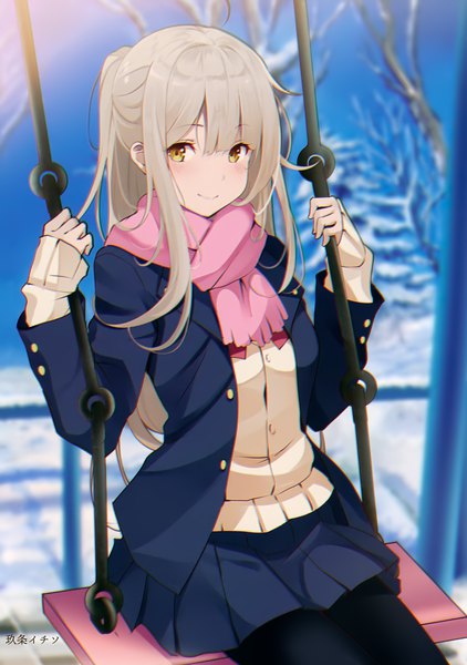 Anime picture 2484x3530 with melonbooks kisaichi jin single long hair tall image looking at viewer blush fringe highres blonde hair smile hair between eyes sitting holding signed yellow eyes payot sky outdoors ponytail
