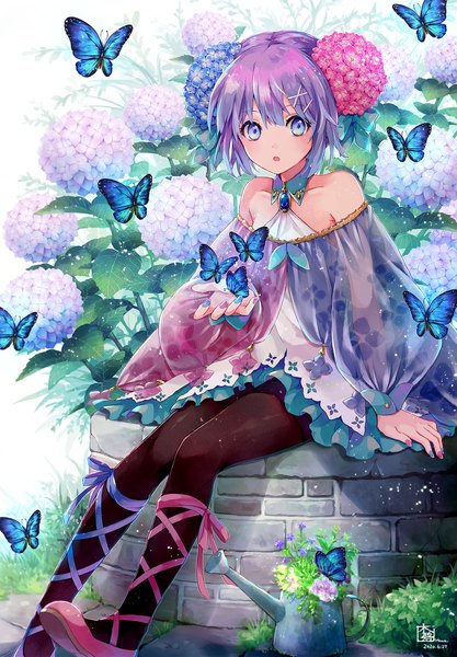Anime picture 1250x1800 with original hana (mew) single tall image looking at viewer short hair blue eyes sitting bare shoulders purple hair outdoors nail polish hair flower arm support :o girl hair ornament flower (flowers) pantyhose black pantyhose