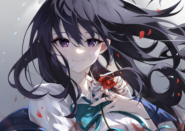 Anime picture 3508x2480 with lycoris recoil inoue takina a yue single long hair looking at viewer fringe highres black hair smile hair between eyes purple eyes absurdres upper body girl flower (flowers) higanbana
