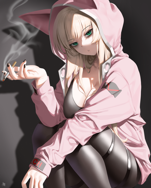 Anime picture 2800x3500 with original teddyellow single long hair tall image looking at viewer fringe highres breasts light erotic simple background blonde hair large breasts holding green eyes signed cleavage blunt bangs long sleeves nail polish