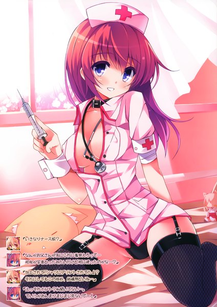 Anime picture 2119x3000 with original chiriko (atlanta) chiri (atlanta) long hair tall image blush highres blue eyes light erotic red hair scan nurse girl thighhighs underwear panties black thighhighs nurse cap syringe stethoscope