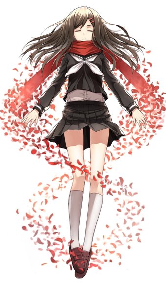 Anime picture 709x1250 with kagerou project shaft (studio) tateyama ayano fame peera single long hair tall image simple background brown hair white background eyes closed spread arms weightlessness long legs girl uniform petals socks serafuku shoes