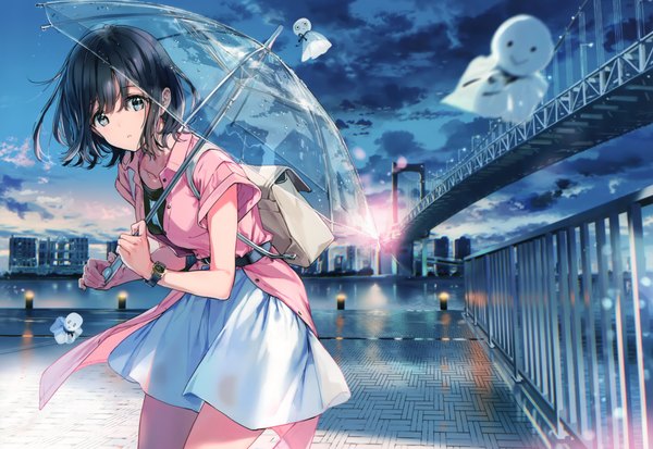 Anime picture 4893x3370 with original tiv single looking at viewer blush fringe highres short hair blue eyes black hair hair between eyes standing holding absurdres sky cloud (clouds) outdoors scan short sleeves leaning