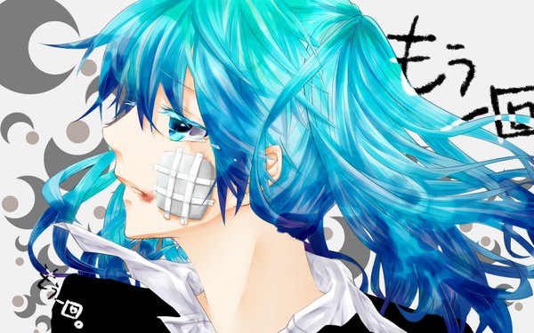 Anime picture 1600x1000 with vocaloid rolling girl (vocaloid) hatsune miku miki (1994) single long hair blue eyes wide image twintails blue hair tears bandaid on face girl blood bandaid