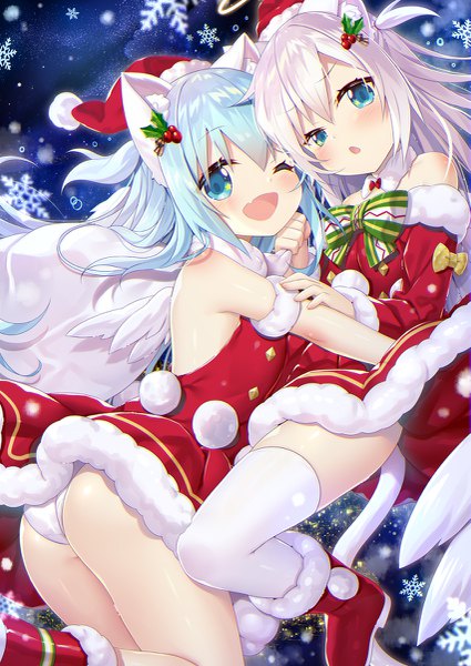Anime picture 851x1200 with original mint (yano mitsuki) cacao (yano mitsuki) yano mitsuki long hair tall image blush fringe open mouth blue eyes light erotic smile hair between eyes bare shoulders multiple girls holding animal ears payot blue hair silver hair