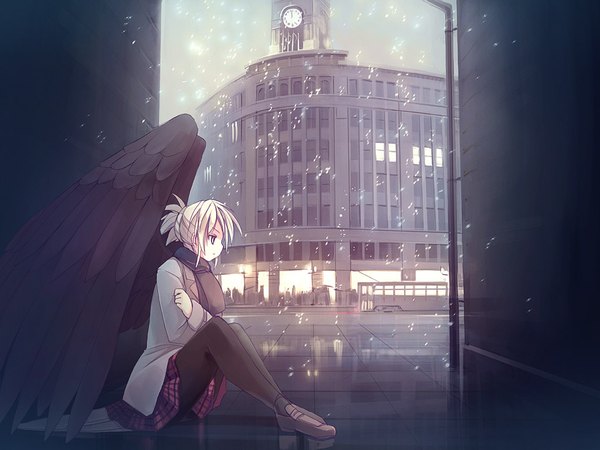 Anime picture 1024x768 with original seo tatsuya single short hair blonde hair sitting yellow eyes profile city plaid skirt snowing winter crossed arms black wings street alley girl wings scarf building (buildings)