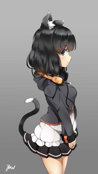 Anime picture 1800x3200 with original chenang11 single long hair tall image looking at viewer blush fringe highres blue eyes black hair simple background standing animal ears tail animal tail profile pleated skirt cat ears grey background