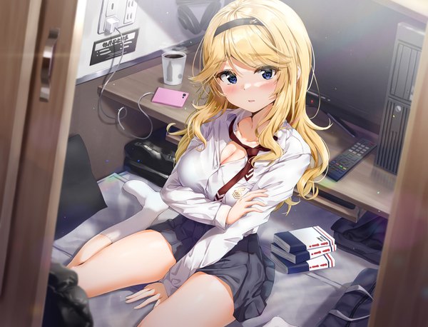Anime picture 4180x3190 with original kuria (clear trip second) single long hair looking at viewer blush fringe highres breasts open mouth blue eyes blonde hair large breasts sitting absurdres cleavage indoors long sleeves wariza between legs