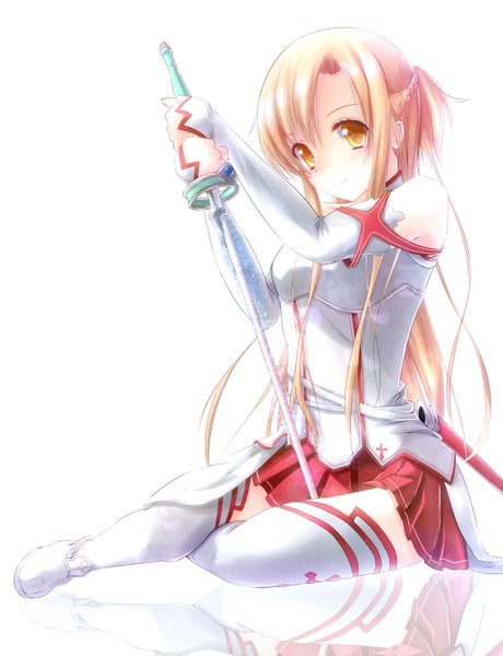 Anime picture 1240x1617 with sword art online a-1 pictures yuuki asuna asahi (ge nyu) single long hair tall image fringe simple background brown hair white background holding brown eyes braid (braids) light smile girl thighhighs skirt weapon detached sleeves