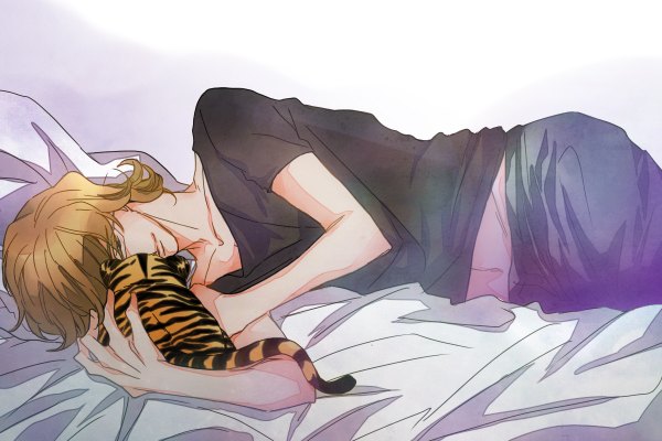 Anime picture 1200x800 with tiger & bunny sunrise (studio) barnaby brooks jr. single short hair blonde hair simple background green eyes lying boy glasses bed toy stuffed animal tiger