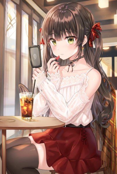 Anime picture 2856x4239 with original tokkyu single long hair tall image looking at viewer blush fringe highres hair between eyes brown hair sitting bare shoulders holding green eyes indoors long sleeves nail polish fingernails two side up