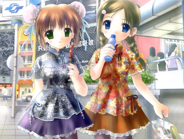 Anime picture 3602x2723 with posch6 posh long hair looking at viewer blush highres short hair blue eyes brown hair multiple girls green eyes absurdres braid (braids) light smile hair bun (hair buns) twin braids chinese clothes lolita fashion street drinking