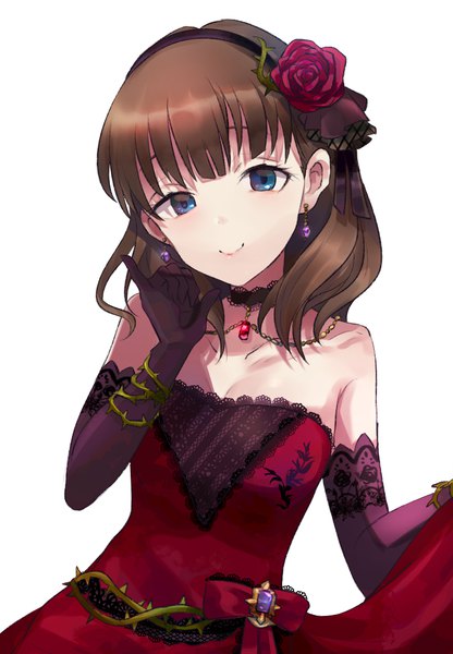 Anime picture 750x1080 with idolmaster idolmaster cinderella girls idolmaster cinderella girls starlight stage sakuma mayu kayanogura single long hair tall image blue eyes simple background smile brown hair white background cleavage upper body pinky out love destiny girl dress gloves