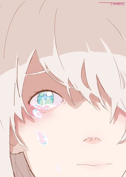 Anime picture 2549x3583 with original taisos single tall image looking at viewer blush fringe highres short hair blonde hair green eyes hair over one eye tears close-up face crying + + girl