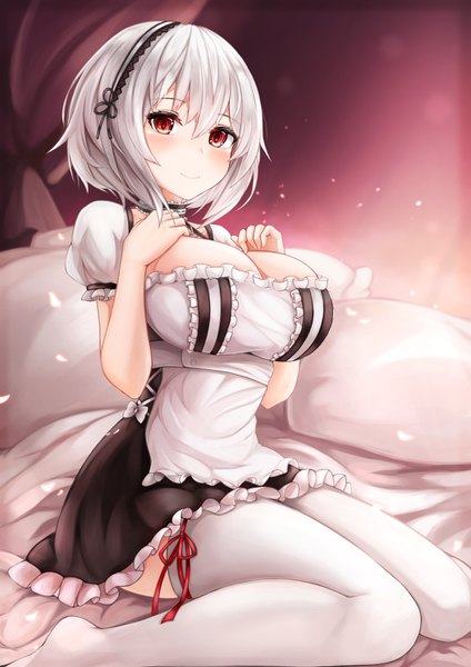 Anime picture 1000x1414 with azur lane sirius (azur lane) ryara vivi single tall image looking at viewer blush fringe short hair breasts light erotic smile hair between eyes red eyes large breasts sitting cleavage silver hair full body bent knee (knees)