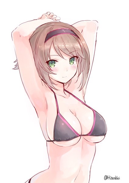 Anime picture 707x1000 with kantai collection mutsu battleship hiten (hitenkei) single tall image looking at viewer blush short hair breasts light erotic simple background brown hair large breasts white background green eyes signed arms behind head girl swimsuit bikini