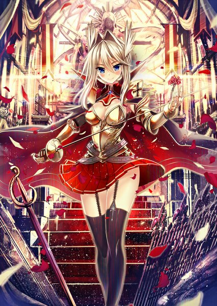 Anime picture 639x900 with original akabane (zebrasmise) single long hair tall image looking at viewer breasts blue eyes blonde hair large breasts standing cleavage head wings wind lift girl thighhighs skirt gloves weapon black thighhighs