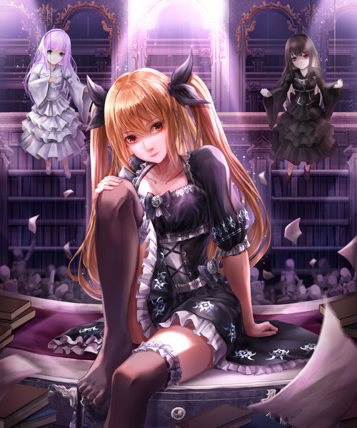 Anime picture 1000x1200 with original lunacle long hair tall image looking at viewer fringe breasts blue eyes light erotic black hair smile hair between eyes red eyes brown hair sitting multiple girls payot silver hair indoors pink eyes