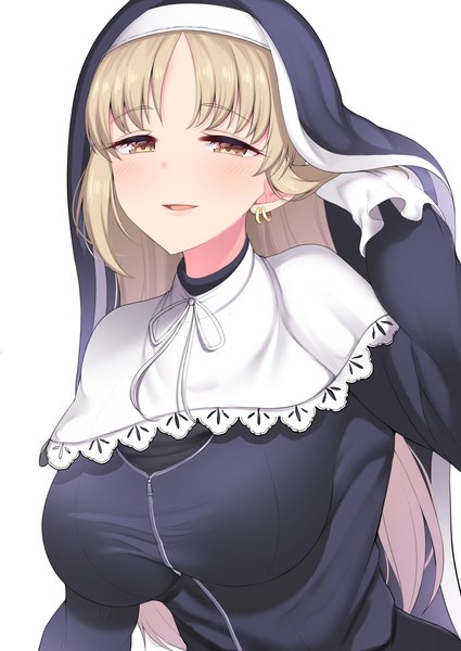 Anime picture 1564x2208 with virtual youtuber nijisanji sister cleaire h3po4 chiba single long hair tall image looking at viewer blush fringe breasts open mouth simple background blonde hair smile large breasts white background brown eyes upper body long sleeves