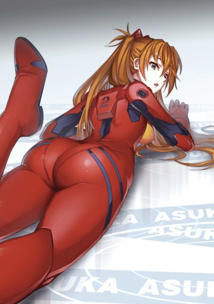 Anime picture 880x1249 with neon genesis evangelion gainax soryu asuka langley streamingsun single long hair tall image looking at viewer fringe breasts open mouth light erotic hair between eyes brown hair ass lying looking back from behind orange hair two side up