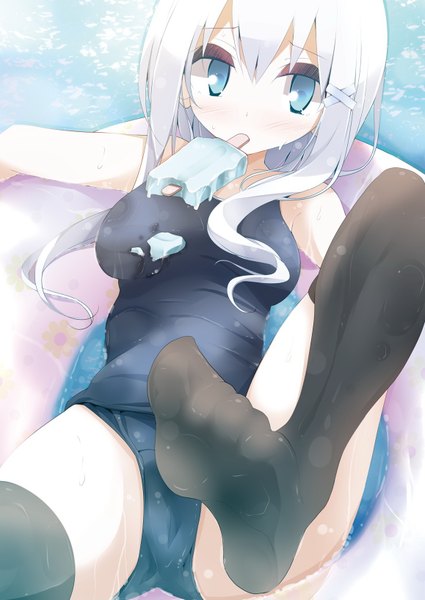 Anime picture 1158x1635 with original oouso (usotsukiya) single long hair tall image blush breasts blue eyes light erotic white hair wet legs mouth hold girl thighhighs black thighhighs swimsuit food sweets x hair ornament