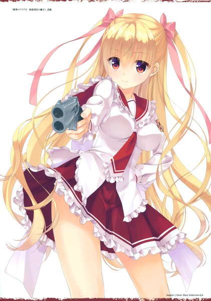 Anime picture 2665x3800 with hidan no aria mine riko kobuichi single tall image looking at viewer highres simple background blonde hair smile red eyes white background very long hair scan girl skirt ribbon (ribbons) weapon hair ribbon miniskirt