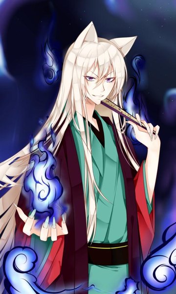 Anime picture 537x894 with kamisama hajimemashita tomoe (kamisama hajimemashita) hate ani hikae single long hair tall image looking at viewer fringe smile hair between eyes purple eyes animal ears white hair traditional clothes japanese clothes fingernails fox ears outstretched arm long fingernails jpeg artifacts