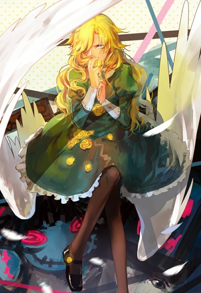 Anime picture 812x1180 with ib (game) mary (ib) w w w wloveless single long hair tall image fringe blue eyes blonde hair sitting hair over one eye looking up girl dress flower (flowers) pantyhose wings rose (roses) feather (feathers) green dress