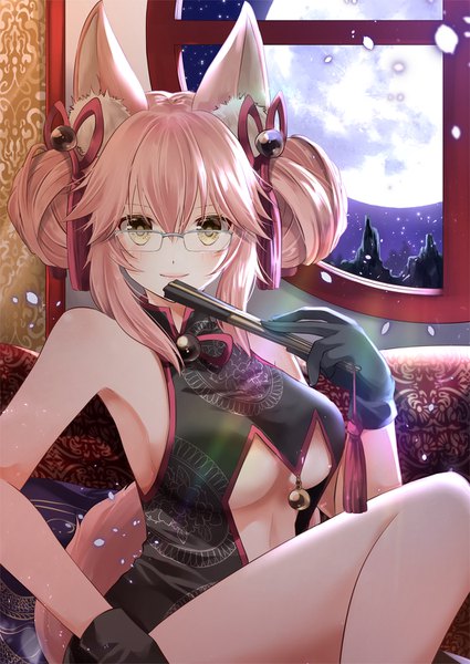 Anime picture 1062x1500 with fate (series) fate/grand order tamamo (fate) (all) koyanskaya iroha (shiki) single long hair tall image looking at viewer blush fringe breasts light erotic hair between eyes large breasts sitting bare shoulders holding animal ears yellow eyes