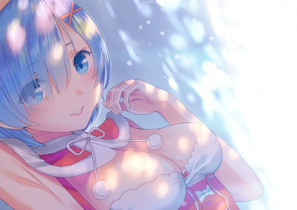 Anime picture 900x637 with re:zero kara hajimeru isekai seikatsu white fox rem (re:zero) yasuyuki single looking at viewer blush fringe short hair breasts blue eyes light erotic smile large breasts blue hair cleavage upper body blunt bangs parted lips hair over one eye