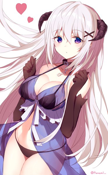 Anime picture 668x1080 with original tsuzaki tsunomi single long hair tall image looking at viewer blush fringe breasts light erotic simple background hair between eyes large breasts standing white background purple eyes bare shoulders signed cleavage silver hair