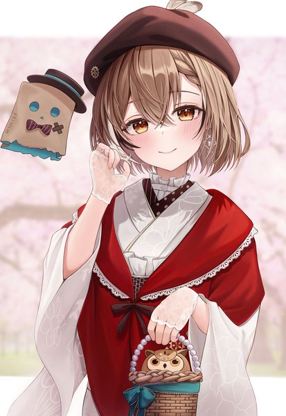 Anime picture 1745x2538 with virtual youtuber hololive hololive english nanashi mumei friend (nanashi mumei) nanashi mumei (2nd costume) funii single tall image looking at viewer blush fringe highres short hair smile hair between eyes brown hair brown eyes upper body traditional clothes