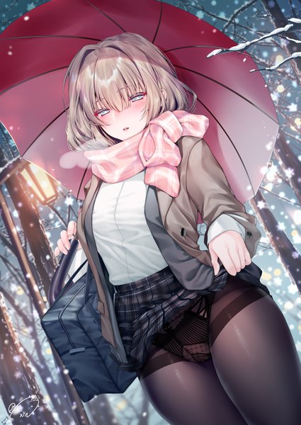 Anime picture 1000x1412 with original obiwan single tall image looking at viewer blush fringe short hair blue eyes light erotic blonde hair hair between eyes standing holding signed outdoors parted lips open clothes open jacket dutch angle