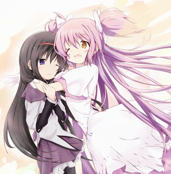 Anime picture 1968x2000 with mahou shoujo madoka magica shaft (studio) akemi homura kaname madoka goddess madoka gseeddjp (artist) long hair tall image blush highres black hair purple eyes multiple girls yellow eyes pink hair one eye closed wink two side up hug girl