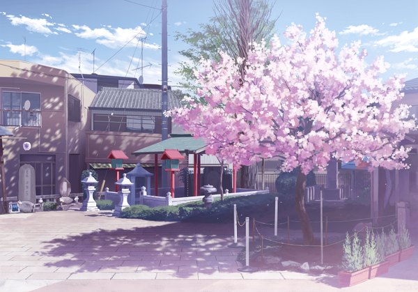 Anime picture 2012x1408 with original isou nagi highres sunlight cherry blossoms no people landscape scenic plant (plants) tree (trees) building (buildings) potted plant statue