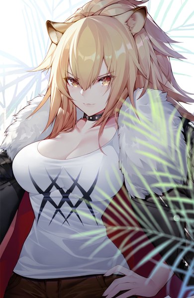 Anime picture 956x1472 with arknights siege (arknights) calder single long hair tall image looking at viewer blush fringe breasts light erotic blonde hair hair between eyes large breasts standing animal ears yellow eyes payot cleavage upper body
