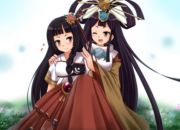 Anime picture 1920x1395 with cardfight!! vanguard ceo amaterasu sazaki hiyoru (artist) long hair blush highres open mouth black hair red eyes multiple girls brown eyes purple hair braid (braids) traditional clothes one eye closed hair flower wink girl hair ornament 2 girls