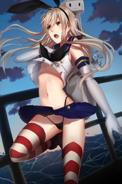 Anime picture 800x1200 with kantai collection shimakaze destroyer rensouhou-chan meron single long hair tall image blush open mouth light erotic brown eyes cloud (clouds) white hair girl thighhighs gloves navel underwear panties bow