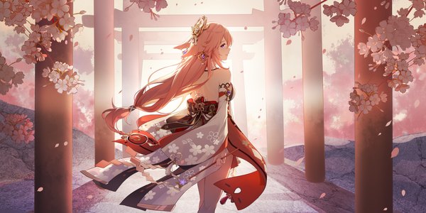 Anime picture 5512x2756 with genshin impact yae miko morimori (14292311) single long hair highres wide image standing purple eyes animal ears pink hair absurdres traditional clothes japanese clothes profile from behind fox ears cherry blossoms low ponytail nontraditional miko