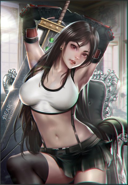 Anime picture 3000x4330 with final fantasy final fantasy vii final fantasy vii remake square enix tifa lockhart bearwitch single long hair tall image looking at viewer fringe highres breasts open mouth light erotic black hair red eyes sitting signed parted lips