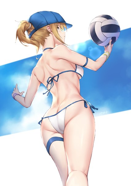 Anime picture 836x1180 with fate (series) fate/grand order artoria pendragon (all) mysterious heroine xx (foreigner) parfaitlate single tall image looking at viewer blush fringe short hair breasts blue eyes light erotic simple background blonde hair standing bare shoulders holding signed