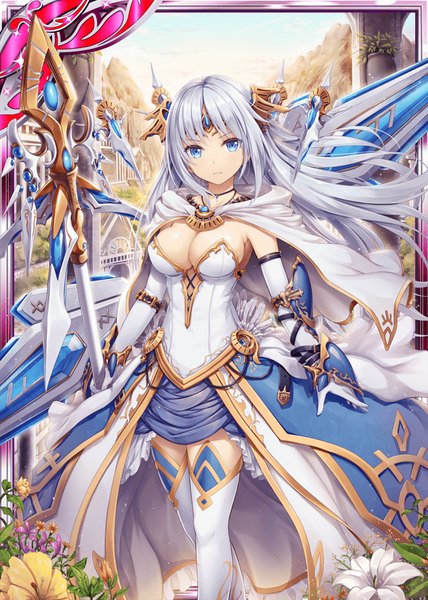 Anime picture 640x896 with shinkai no valkyrie oracle (shinkai no valkyrie) akkijin single long hair tall image looking at viewer breasts blue eyes light erotic standing holding silver hair zettai ryouiki girl dress flower (flowers) weapon detached sleeves cape